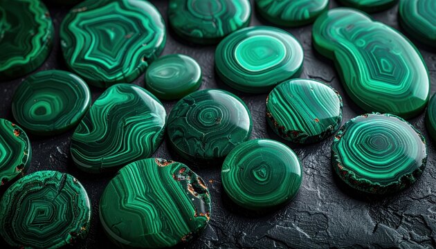 A vibrant professional camera shot by FlyPro Firefly showcasing smooth, polished malachite slices arranged in a striking geometric pattern with rich detail.