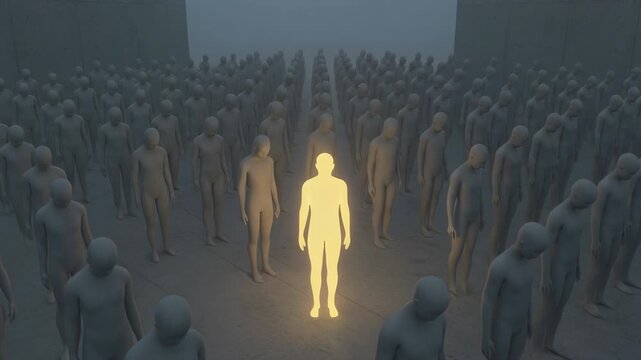 Concept of individuality and standing out with glowing person among crowd of grey figures in dim space