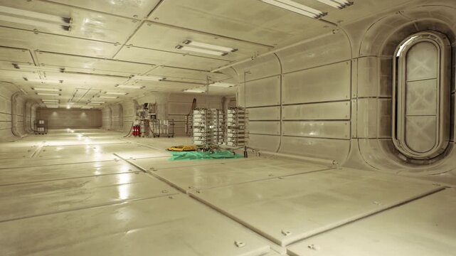 Empty spacecraft utility bay with equipment staging, green tarp covering crate, aluminum ladder and scaffold, coil of cable, toolbox on cart, glossy panels,