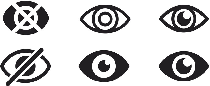 Eye icon set, retina scan eye icons, eyesight symbol, simple eyes collection, privacy settings, show or hide symbols, visibility and hidden eye icons for ranked UI design graphics, app interfaces, 