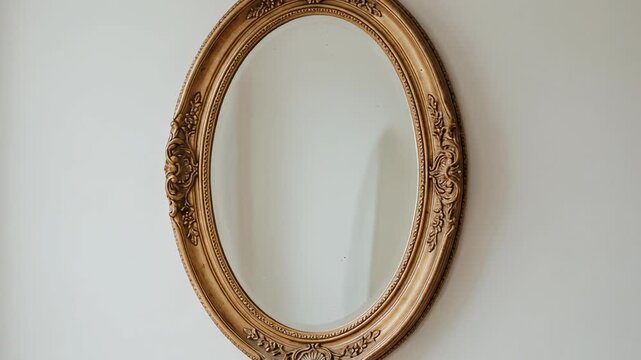 Elegant vintage oval wall mirror with ornate gold frame reflecting minimalist interior design