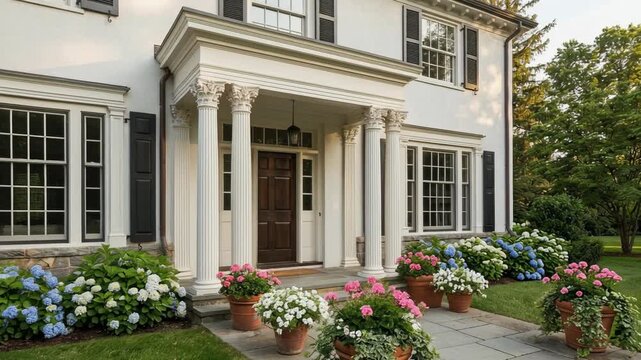 Elegant white colonial house entrance with classic columns and colorful flower pots in a lush garden