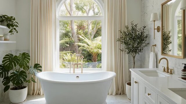Bright modern bathroom with freestanding bathtub large window and green plants for a relaxing spa vibe