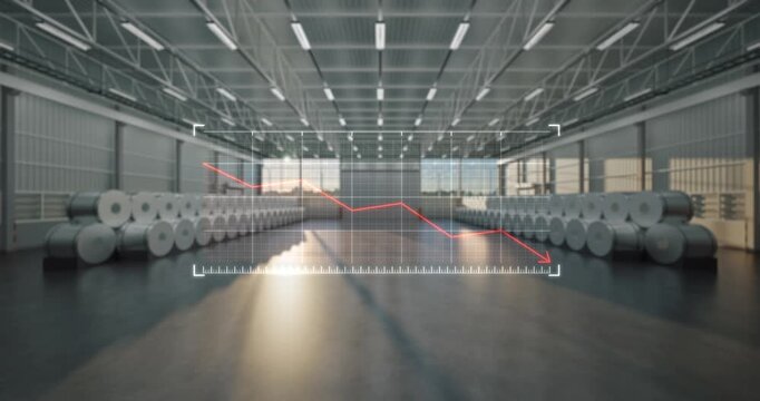 Industrial warehouse interior, large rolls of metal steel materials. Downward-trending graph line, symbolizing declining production levels, falling commodity market prices and reduced demand supply.