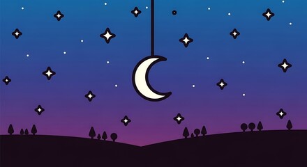 Night sky illustration with moon and stars above a silhouette landscape