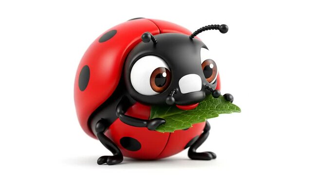 Cartoon ladybug character eating a green leaf. Isolated on white. Cute, whimsical, cheerful, healthy. Animal insect nature food garden flora.