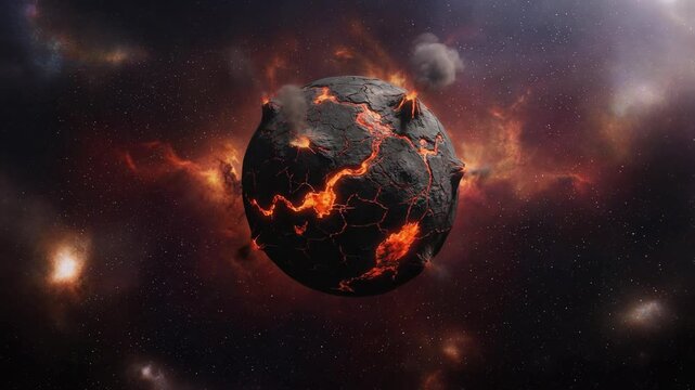 Fiery volcanic planet erupting in space with glowing lava cracks and smoke against starry cosmic background