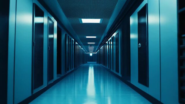 Data center servers aligning along a long, futuristic corridor, reflecting blue light on the polished floor, symbolizing advanced technology, data storage, and network infrastructure