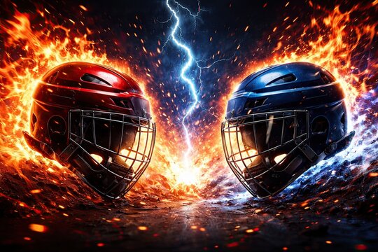Red and blue hockey helmets colliding with fire and lightning in dramatic battle concept on dark background