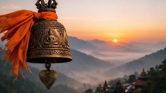 Ancient temple bell with orange cloth at sunrise over misty mountain valley serene travel scene