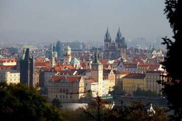 Obraz premium Panoramic aerial view of Charles Bridge over Vltava River and Old Town red roofs, Prague, Czechia. g.