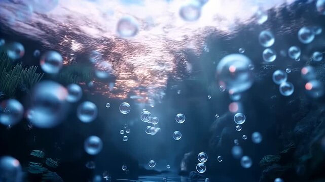 Underwater view of beautiful soap bubbles rising to the surface with sunlight shining through the water