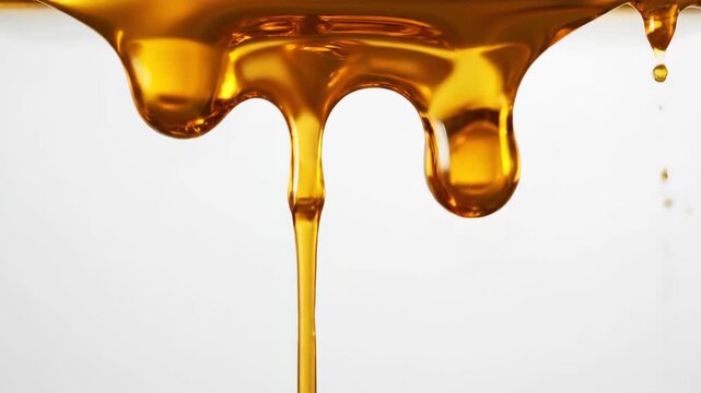Golden syrup flowing slow motion against white background demonstrating viscosity and smoothness for food and beauty product concepts