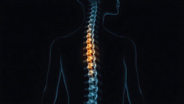 . X-ray silhouette of a human spine with a subtle golden coil ascending within the vertebrae. 