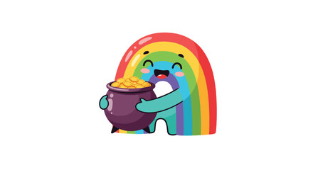 Obraz premium Cute cartoon character holding pot of gold coins under rainbow, Generative AI.