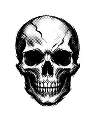 Obraz premium Front-facing skull icon rendered in expressive black ink, cracks and contours abstracted into graphic marks,