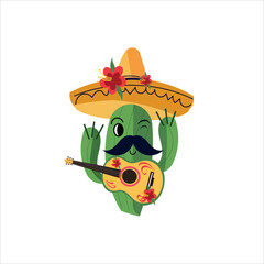 Cute mexican cactus character with guitar and sombrero for cinco de mayo fiesta © AlinaCleverfox