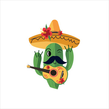 Cute mexican cactus character with guitar and sombrero for cinco de mayo fiesta