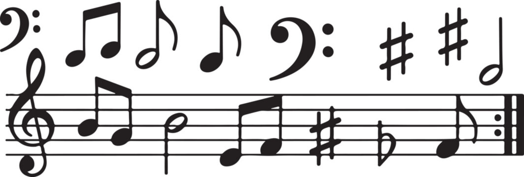 Black musical notes clefs sharps flats and rests on white background treble clef bass clef sharp symbol