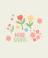 Hello Spring Illustration and Flowers Background © Algina