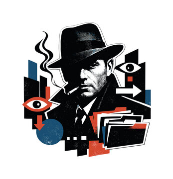 iform icCollage noir portrayed as a shadowy urban figure, black and white retro photographic face half-lit in