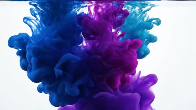 Ink drops underwater creating colorful cloud effects with blue purple and teal dye blending in white background