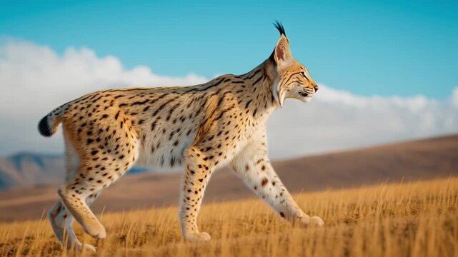 4K cinematic footage of wild caracal standing in golden savanna at sunset
