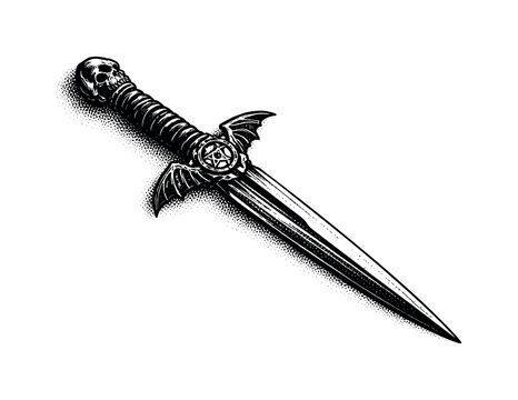 Ritual Knife Illustration. A top-down view of an occult altar focusing on a ritual knife placed diagonally,