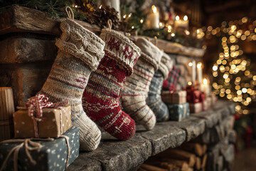 Cozy holiday scene with knitted Christmas stockings hanging on rustic stone fireplace mantel surrounded by wrapped gifts and warm glowing candles creating festive ambiance