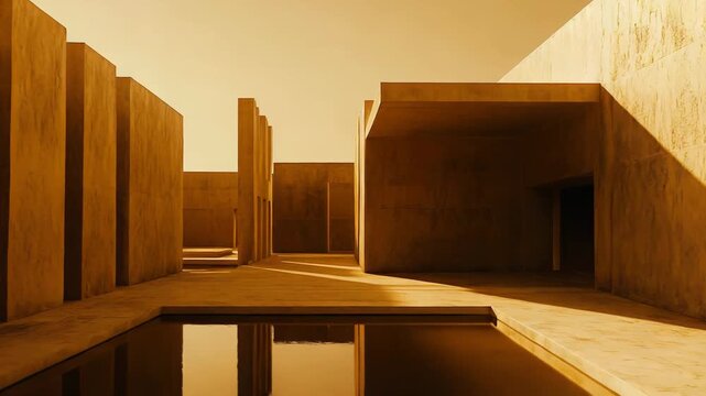 Concrete building structures standing under a bright, clear sky, creating dramatic shadows and reflections in a rectangular pool of water, evoking a profound sense of isolation