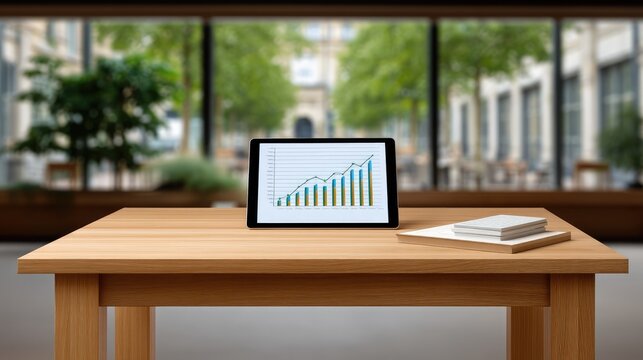 Modern office workspace with tablet displaying growth chart, notepad, and wooden table, surrounded by greenery and natural light in urban setting