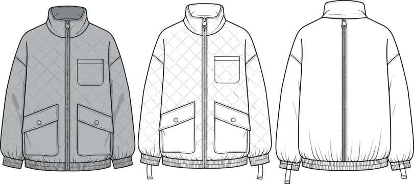Fashion Flat Technical Drawing of Women Quilted Puffer Jacket Featuring Stand Collar Zipper Front Utility Pockets and Elasticated Hem Vector