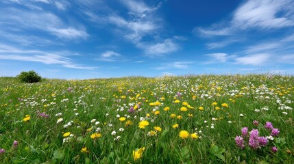 Fototapeta premium Vibrant Wildflower Meadow under Clear Blue Sky with Soft Clouds, Perfect for Nature Lovers and Landscape Photography Enthusiasts in Springtime