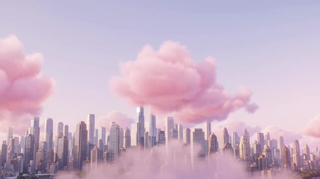 Whimsical surreal cityscape with fluffy pink cotton candy clouds drifting across a realistic urban skyline