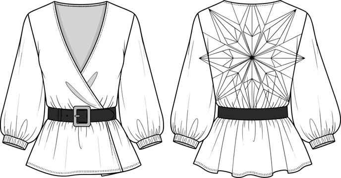 White wrap peplum blouse vector illustration featuring long puff sleeves with elastic cuffs and a black buckled belt waist detail.
