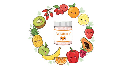 Fototapeta premium Vitamin C Supplement Surrounded by Fresh Fruits.