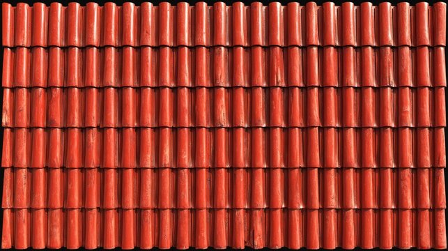 Close up of vibrant orange roof tiles arranged in a repeating pattern