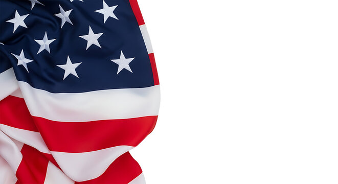 Close-up view of an american flag waving in the wind isolated on transparent background