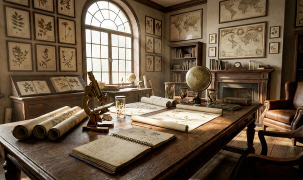 Vintage scientist study room with old maps microscope and globe on a wooden table.