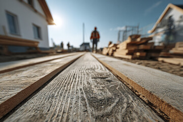 Naklejka premium Wooden floor plank close up with blurred construction worker and building site in background under clear sky, showing texture and natural wood grain in warm sunlight