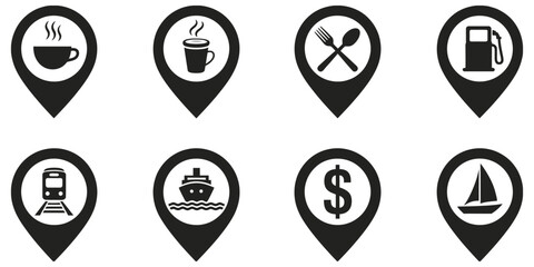 Location pin icons set, vector illustration with cafe, transport, fuel, food, money, and travel symbols in flat monochrome style for ranked map navigation graphics, app interface designs, travel guide © Vector Gallery