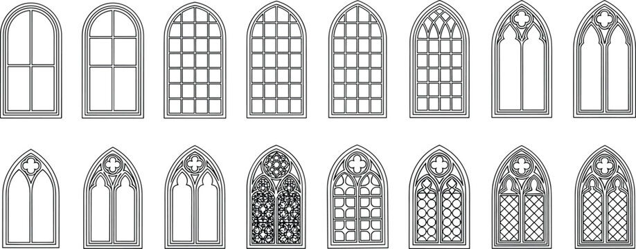 Gothic arched window outline illustration set, medieval church architectural frames collection isolated, vintage decorative design elements for historic building style