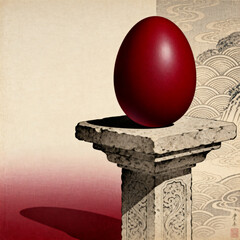 Luxury Orthodox Easter background with red egg on stone pedestal