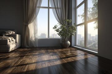 Fototapeta premium Modern living room with large windows and sheer curtains letting sunlight cast shadows on dark wooden floor, featuring potted plant and cozy sofa in high rise apartment