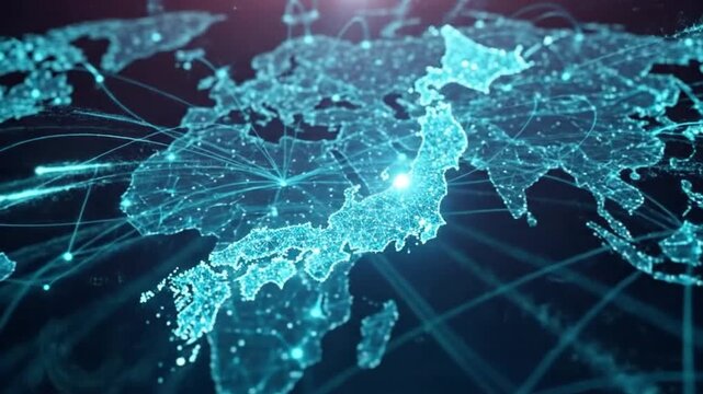 Digital world map showing global connections with Japan highlighted.
