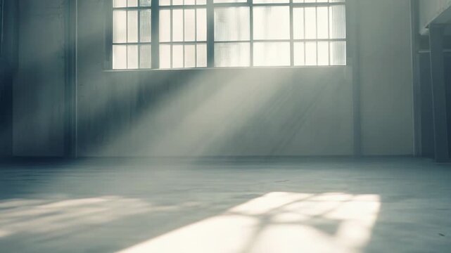 Large industrial interior featuring an empty concrete floor, with strong sun rays piercing through tall gridded windows and creating dramatic light and shadow patterns on the dust filled air