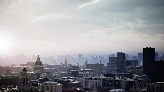 sunlit urban skyline at sunrise, soft haze over historic dome and highrise rooftops, warm glow bathing architecture, aerial perspective for city planner