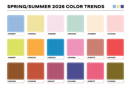 Spring summer fashion colors. Trendy color palette for 2026, abstract soft shades swatches for fabric catalog design with hex codes. Vector collection