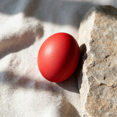 Orthodox Easter red egg on linen and stone texture background
