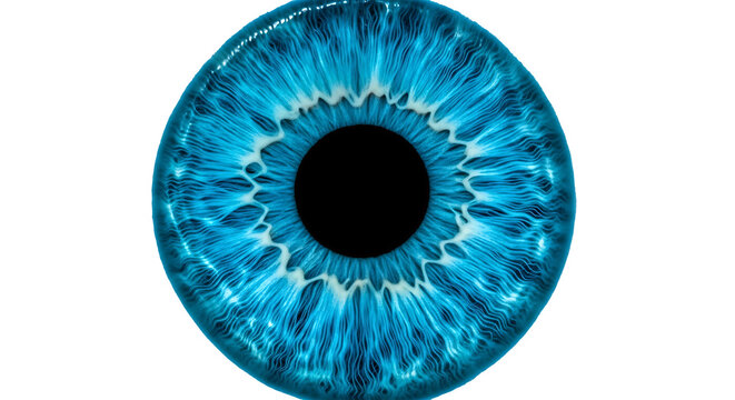 The mysterious and mesmerizing close-up of a human eye with vibrant blue iris isolated on transparent background